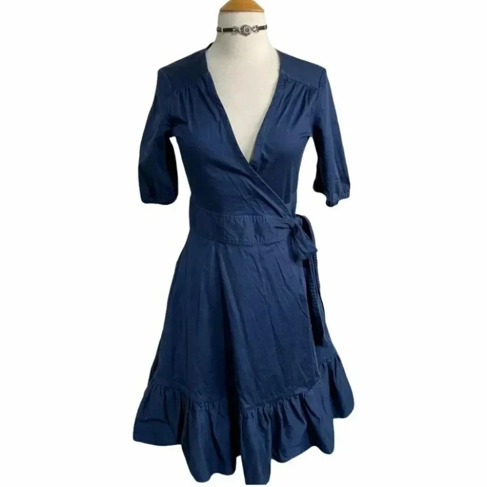 Elizabeth‎ McKay Wrap Dress 4 Navy Blue Ruffle Hem V-Neck Short Sleeve